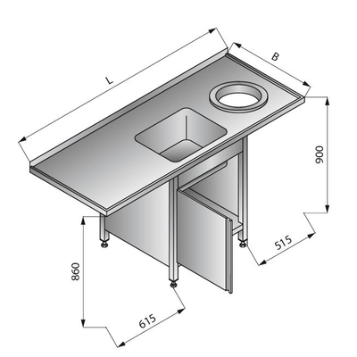 Stôl s jednokomorovým drezom a otvorom na odpadky a skrinkou vpravo, 1800x700x900 mm | LOZAMET, LO352/P