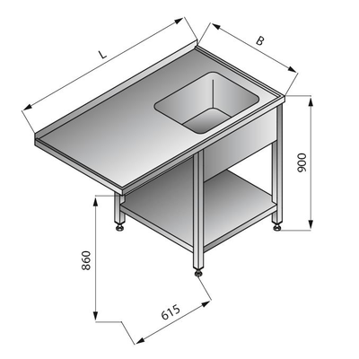 Stôl s jednokomorovým drezom na ľavej strane, s policou, 1300x700x900 mm | LOZAMET, LO342/L