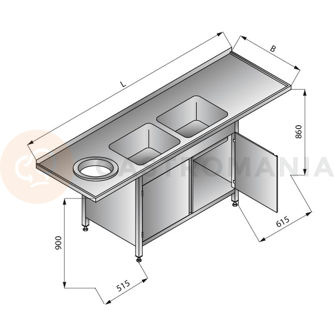 Stôl s dvojkomorovým drezom a otvorom na odpadky a skrinkou, vľavo, 2300x700x900 mm | LOZAMET, LO356/L