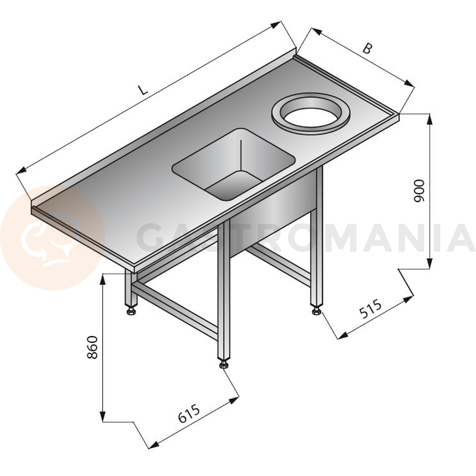 Stôl s jednokomorovým drezom a otvorom na odpadky vpravo, 1800x700x900 mm | LOZAMET, LO350/P