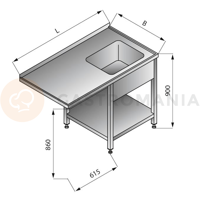 Stôl s jednokomorovým drezom na ľavej strane, s policou, 1300x700x900 mm | LOZAMET, LO342/L