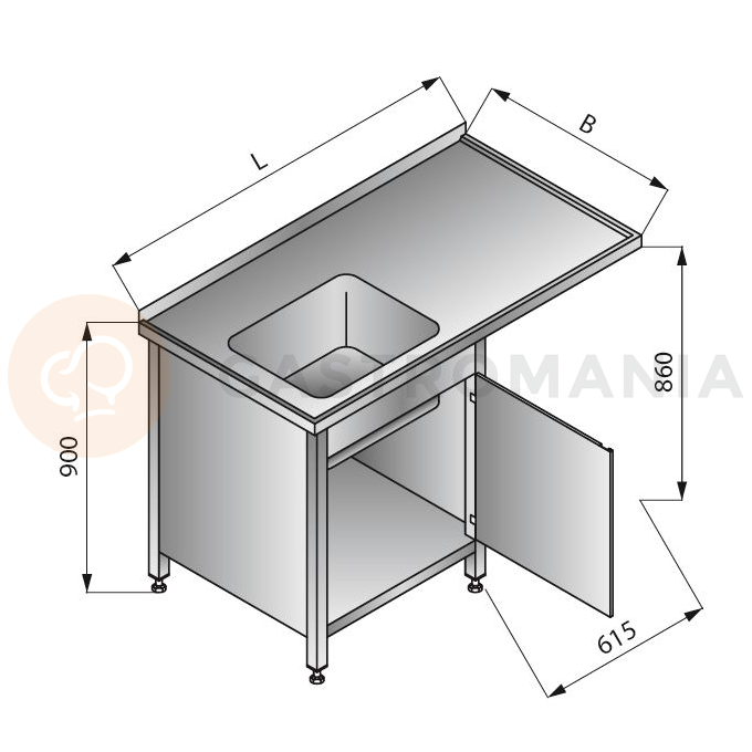 Stôl s jednokomorovým drezom na ľavej strane, so skrinkou, 1300x700x900 mm | LOZAMET, LO343/L