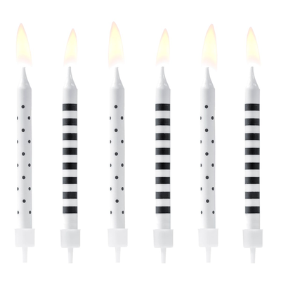 Sviečky na tortu 6 ks - bodky a prúžky bielo-čierne | PARTYDECO, SCP-2
