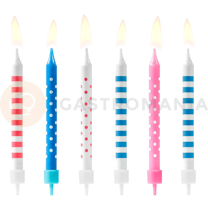 Sviečky na tortu 6 ks - bodky a prúžky bielo-modro-ružové | PARTYDECO, SCP-3