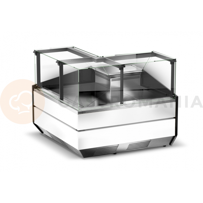 Chladiaci modulárny rohový pult vonkajší s tvrdeným zvislým rovným sklom, horným otváraním, systémom sušenia skla a nerezovou doskou 1450x1200x1210 mm | RAPA, L-X/NZ