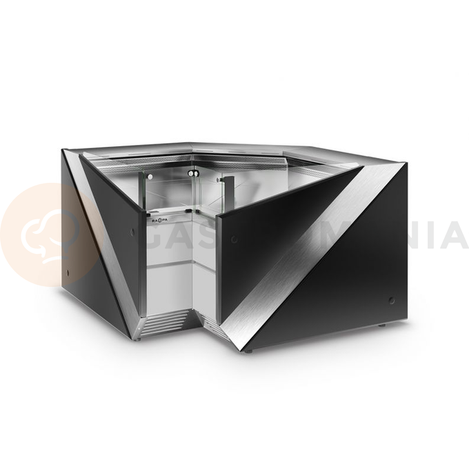 Chladiaci pult modulárny rohový vnútorný s tvrdeným rovným, zvislým, krátkym sklom, systémom sušenia skla a doskou z nerezovej ocele 1500x1200x930 mm | RAPA, L-Xi/NW